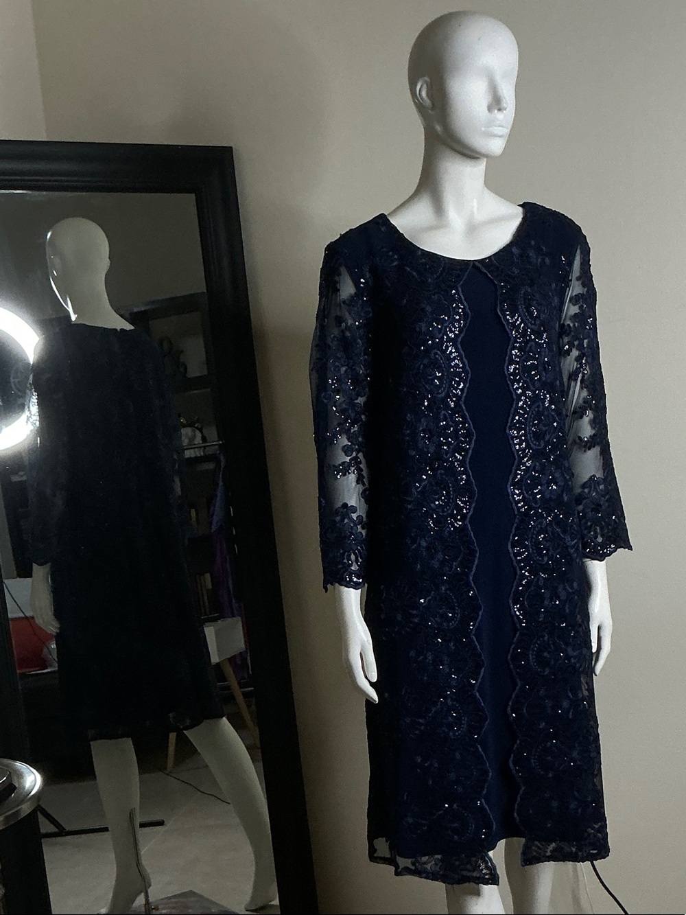 Elegant Navy Beaded Lace Overlay Dress